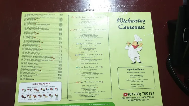 Wickersley Cantonese menue