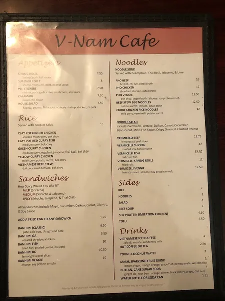 Menu V-Nam Cafe