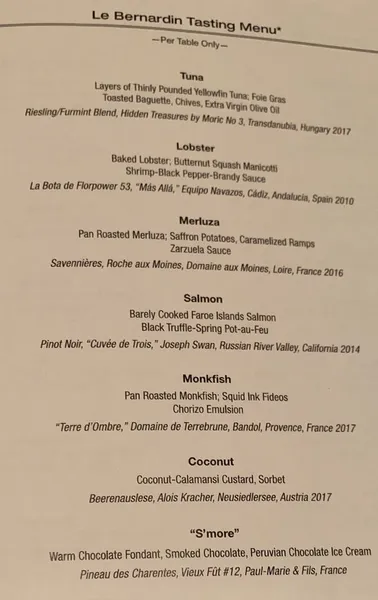 Menu Le Bernardin