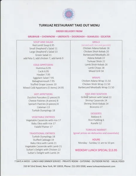 Menu Turkuaz Halal Turkish Mediterranean