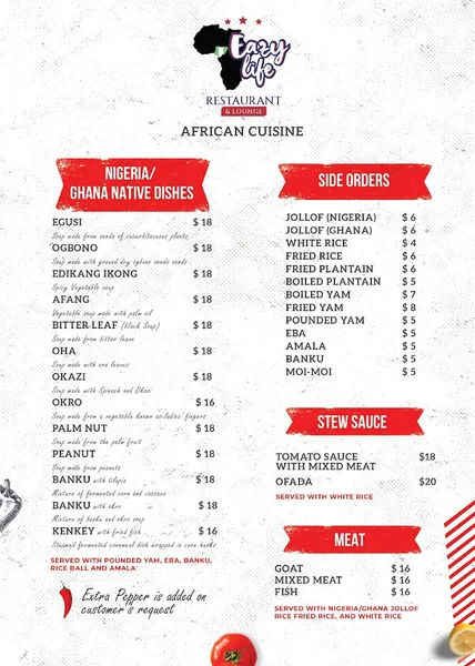 Menu EazyLife Restaurant & Lounge - West African Cuisine