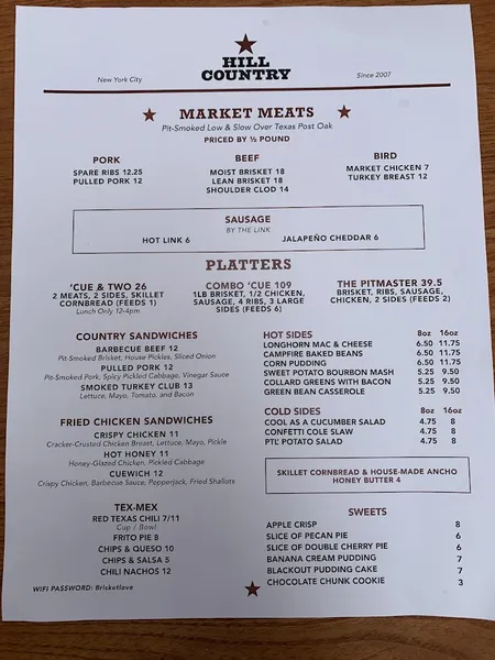 Menu Hill Country Barbecue Market