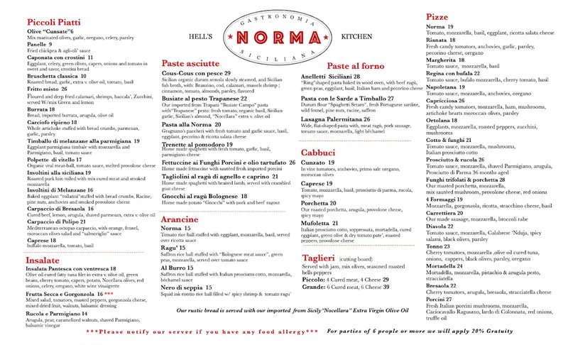 Menu Norma Hell's Kitchen