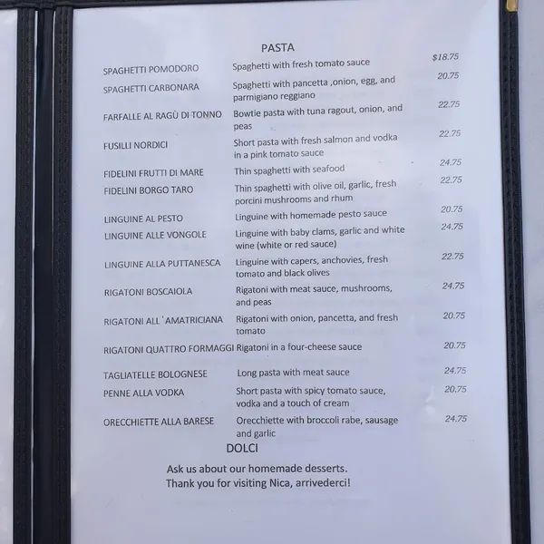 Menu Nica Trattoria