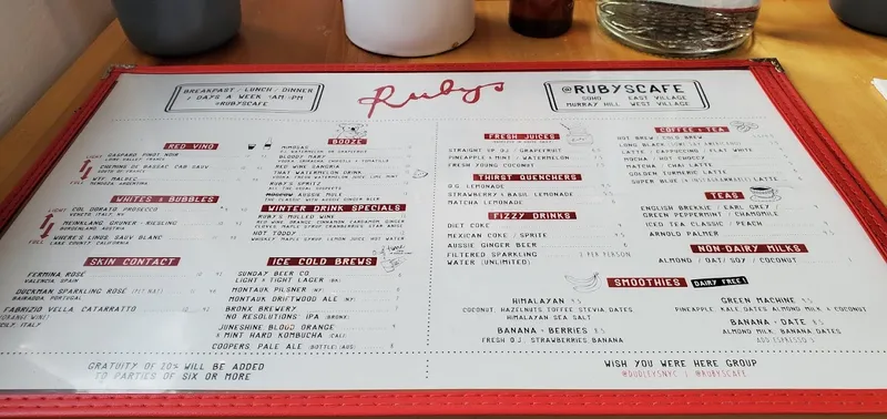 Menu Ruby's Cafe - East Village