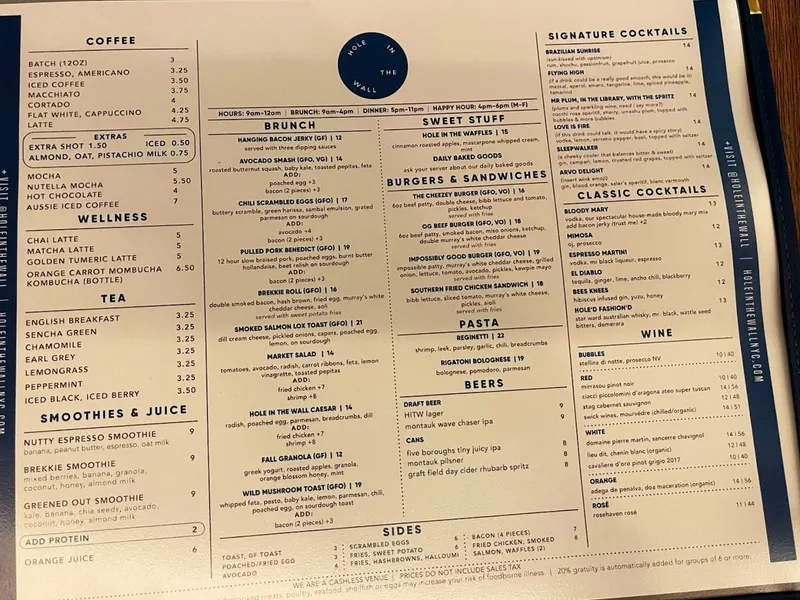 Menu Hole In The Wall - Flatiron