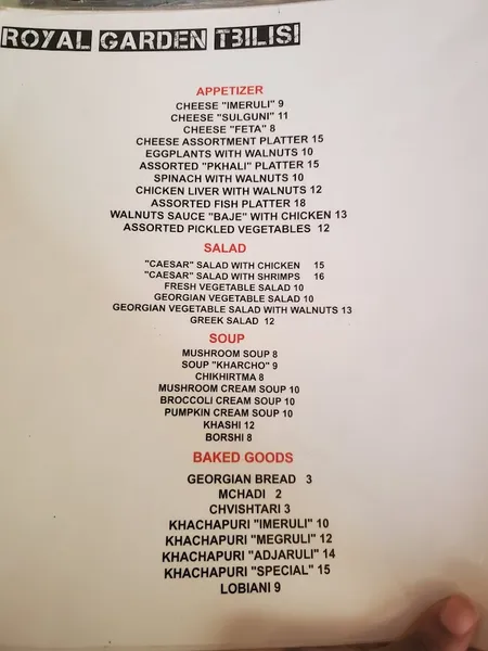 Menu Royal Garden Tbilisi