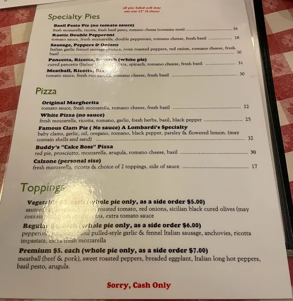 Menu Lombardi's Pizza