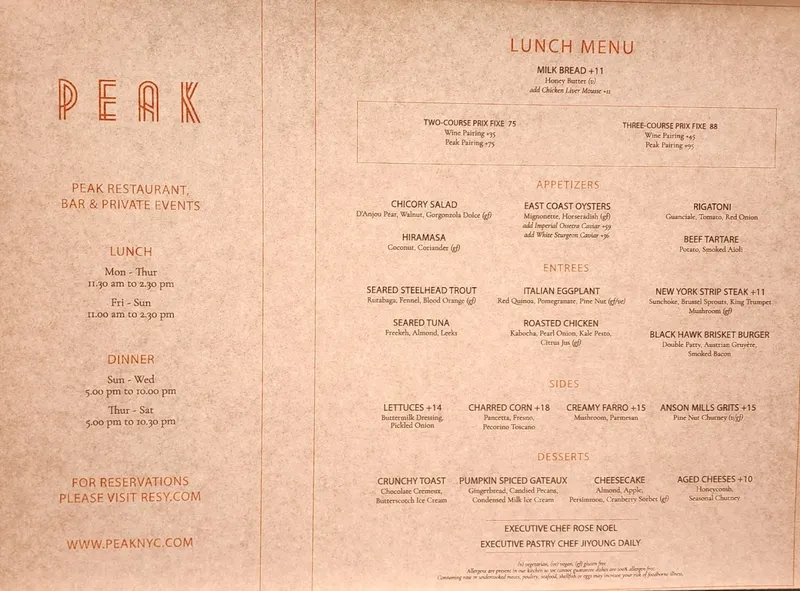 Menu Peak Restaurant & Bar