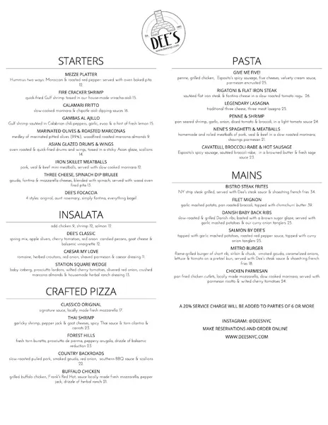 Menu Dee's Wood Fired Pizza + Kitchen