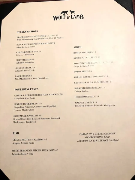 Menu Wolf & Lamb Steakhouse