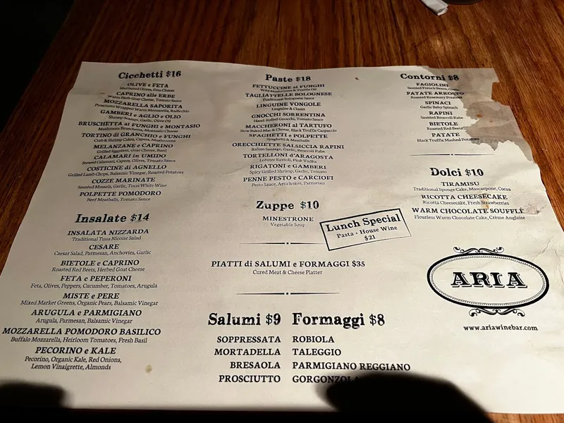 Menu Aria Wine Bar