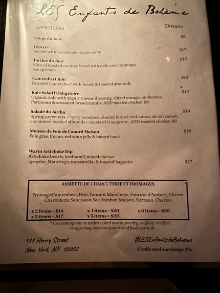 Menu Les Enfants de Bohème