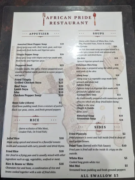 Menu African Pride