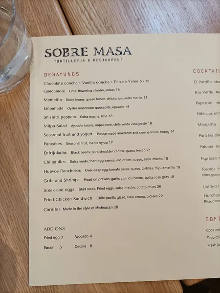 Menu Sobre Masa