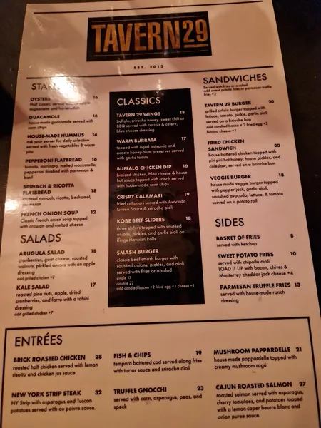 Menu Tavern 29