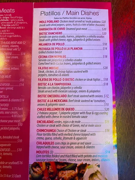 Menu Xochimilco Family Restaurant