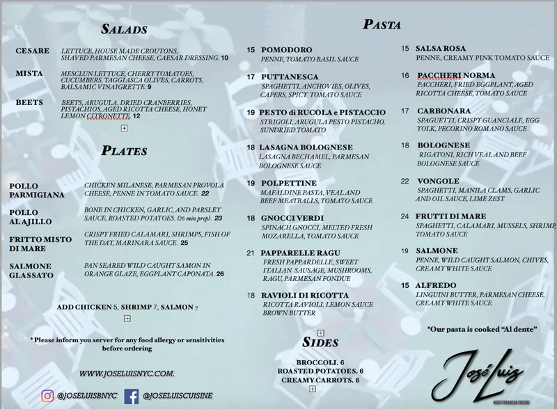 Menu Jose Luis Mediterranean Cuisine