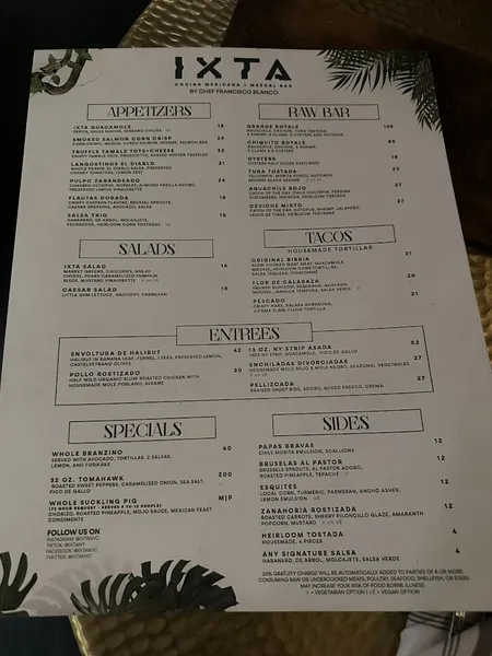 Menu IXTA Cocina Mexicana + Mezcal Bar