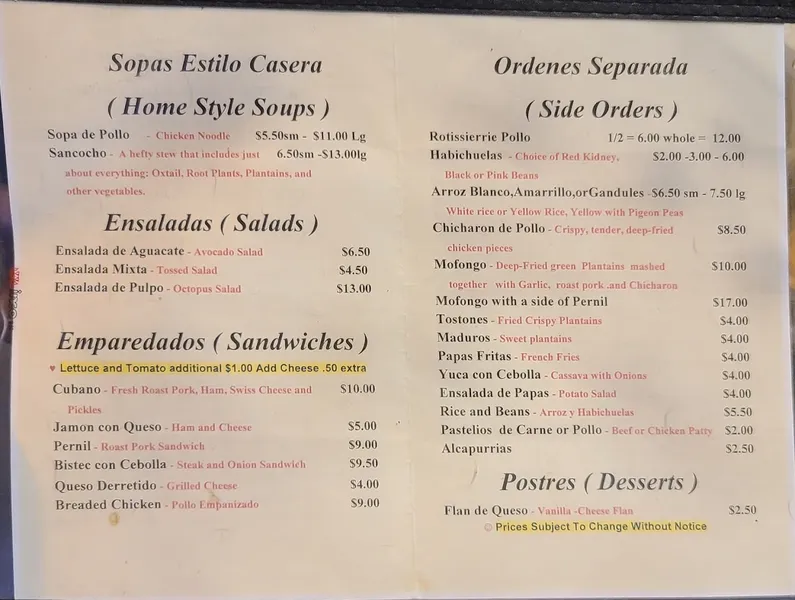 Menu Casa Adela