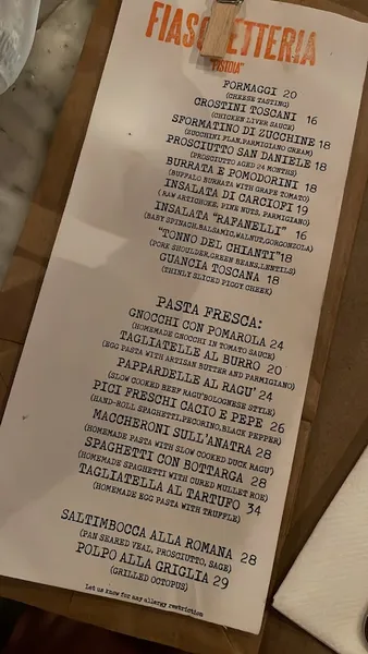 Menu Fiaschetteria "Pistoia"