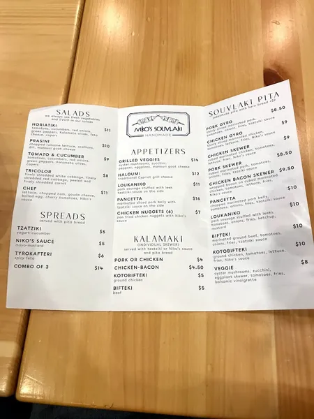 Menu Niko's Souvlaki