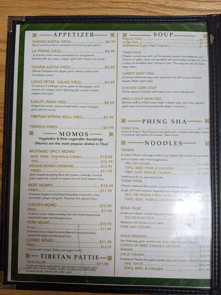 Menu Cafe Tibet