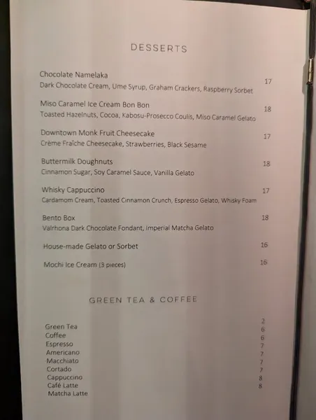 Menu Nobu Downtown