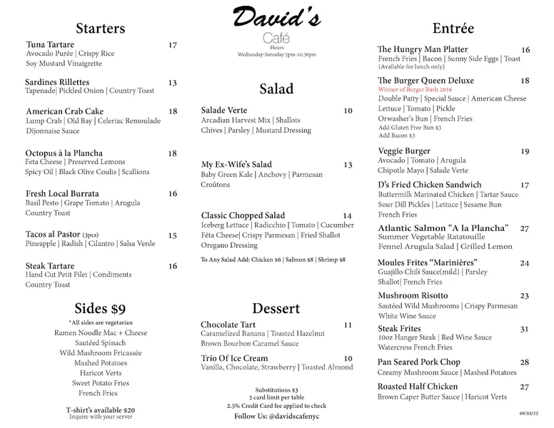 Menu David's Café