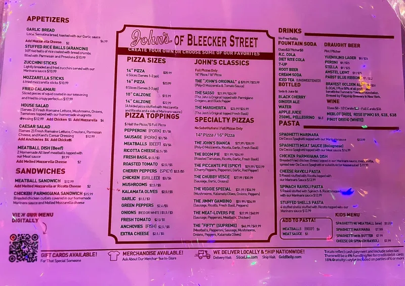 Menu John's of Bleecker Street