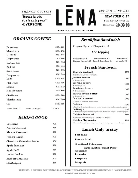 Menu Lena Greenwich Village