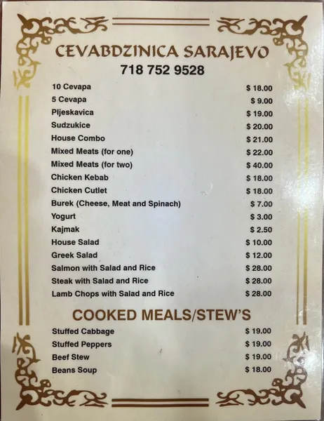 Menu Cevabdzinica Sarajevo/Sarajevo Grill