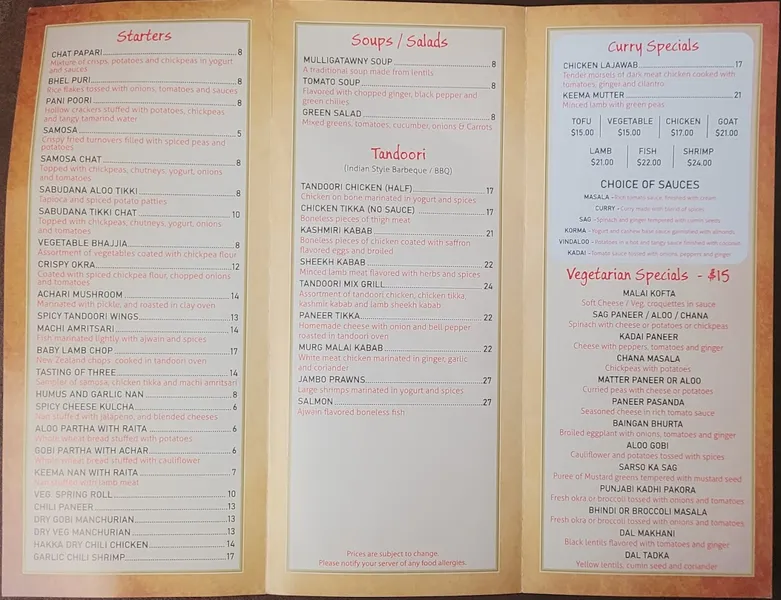 Menu JACKSON DINER - INDIAN CUISINE