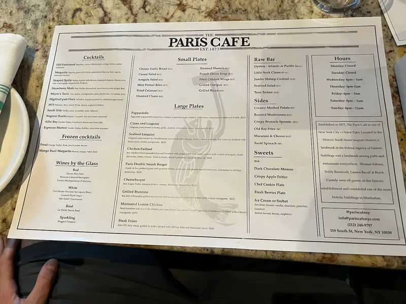 Menu The Paris Café