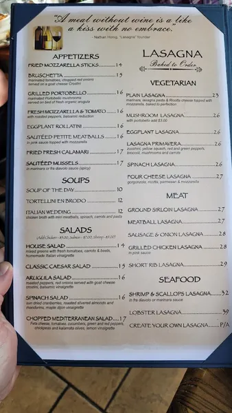 Menu Lasagna Restaurant