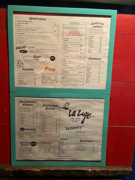 Menu La Lupe Cantina