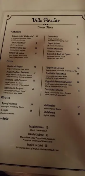 Menu Villa Paradiso Ristorante Italiano