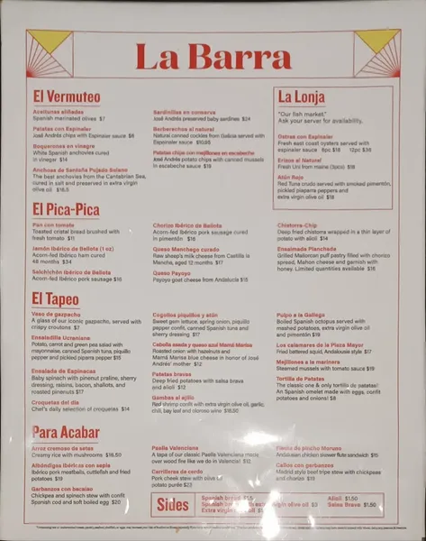 Menu La Barra at Mercado Little Spain