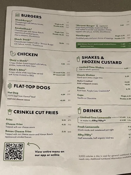 Menu Shake Shack Hudson Yards