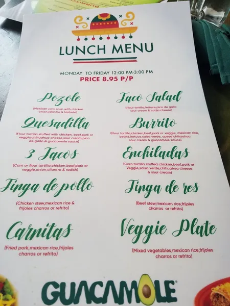 Menu Guacamole Taqueria