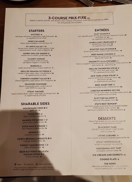 Menu STATE Grill and Bar