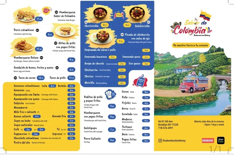 Menu Sabor de Colombia Restaurant and Bakery