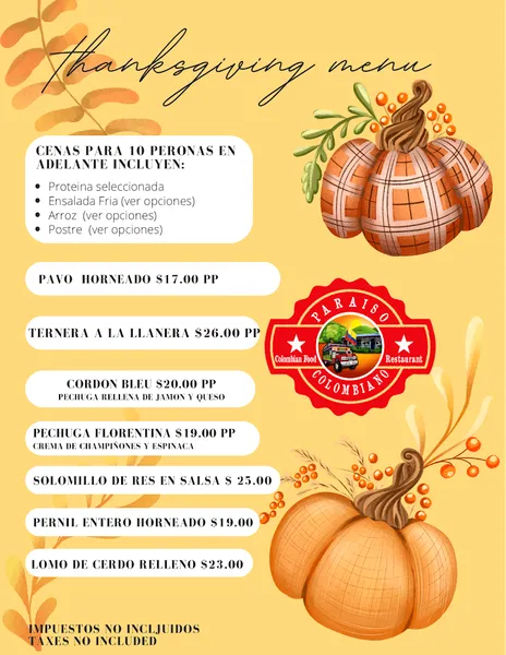 Menu Paraiso Colombiano