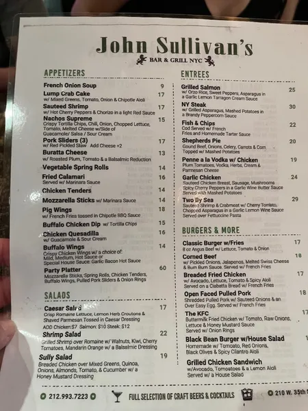 Menu John Sullivan's