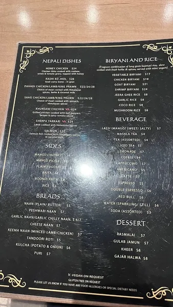 Menu Tribhaanga Indo-Nepali Restaurant