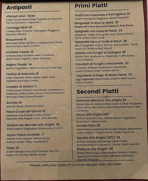 Menu Basta Pasta