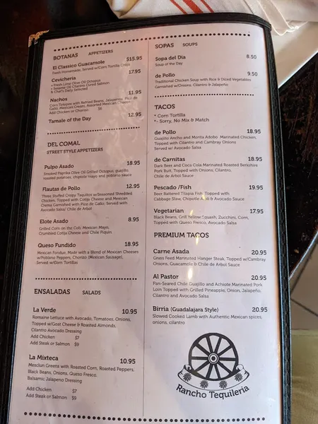 Menu Rancho Tequileria