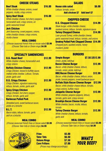 Menu Brooklyn Beef N' Cheese