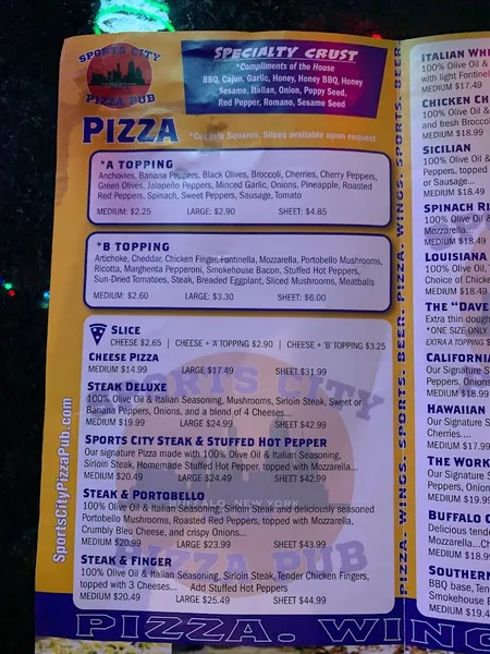 Menu Sports City Pizza Pub