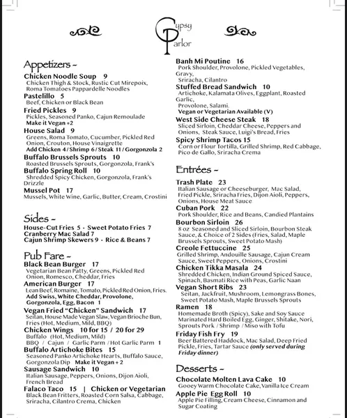 Menu The Gypsy Parlor